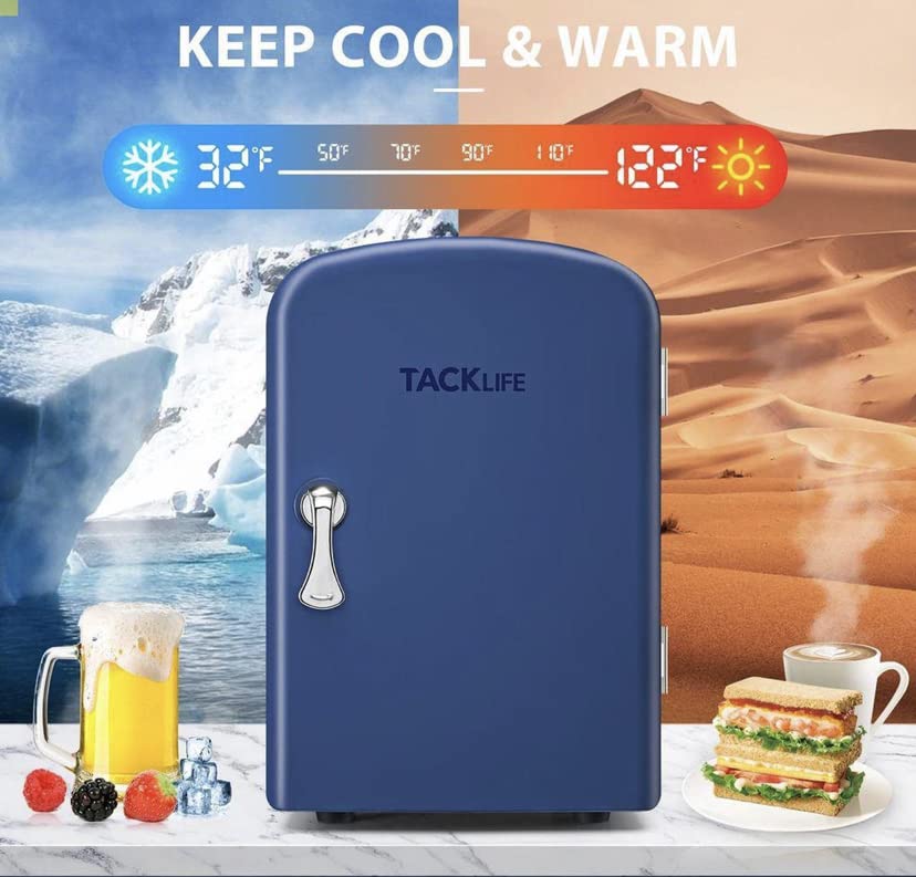 Mini Fridge 4 Liter AC/DC Portable Personal Fridge, Energy Saving Cooler and Warmer Refrigerator for Office, Car, Bedroom, 100% Freon-Free Great for Skincare, Fruit, Food Blue (Blue)