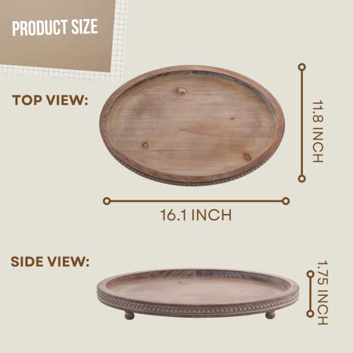 FESTWIND Decorative Tray, Oval Wooden Tray for Coffee Table Kitchen Dinning Table Entryway, Small Beaded Tray for Holidays, Wood Tray Distressed Brown