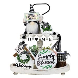 10 pcs rustic farmhouse home tiered tray decor, farmhouse wooden table signs black white buffalo plaid kitchen decoration set, lighted gnome plush home sweet home decor signs housewarming gifts