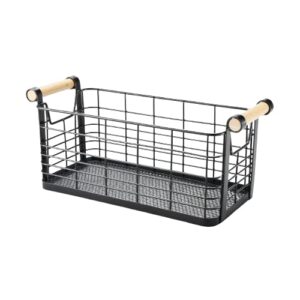 black little rectangular wire basket with natural wood handles