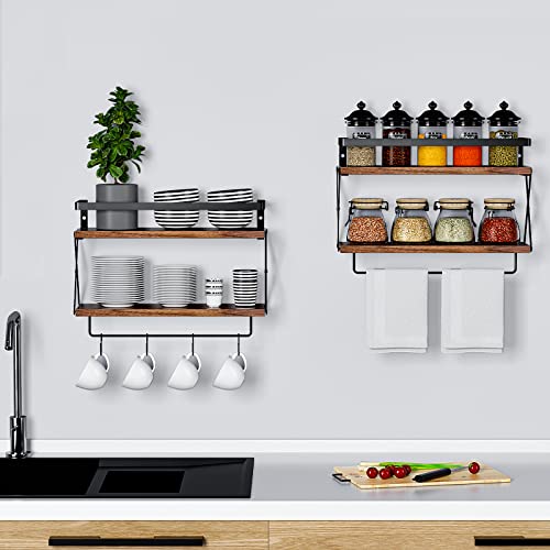 Neepiar Floating Shelves Bathroom Wall Shelf with Towel Bar Wall Shelves for Kitchen Living Room Bedroom Rustic Wood Wall Shelf with Protective Metal Guardrail Tissue Rack - Set of 2