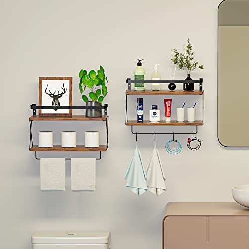 Neepiar Floating Shelves Bathroom Wall Shelf with Towel Bar Wall Shelves for Kitchen Living Room Bedroom Rustic Wood Wall Shelf with Protective Metal Guardrail Tissue Rack - Set of 2