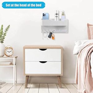 SZWQILIN Bedside Shelf Accessories Organizer - Wall-Mounted Bedside Shelf Multifunctional Self-Adhesive Organizer Box with Hooks Easily Install and Use Suitable for Family, Dorm,Office (White)