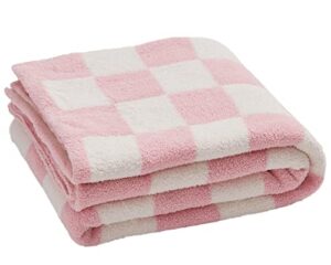 throw blankets barefoot checkerboard gingham warm cozy microfiber reversible for home decor bed couch-machine washable (light pink,51″x63″)