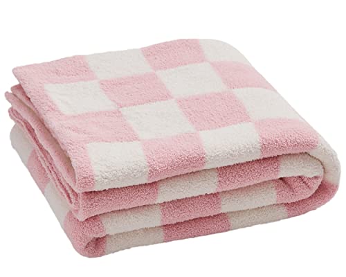 Throw Blankets Barefoot Checkerboard Gingham Warm Cozy Microfiber Reversible for Home Decor Bed Couch-Machine Washable (Light Pink,51"x63")