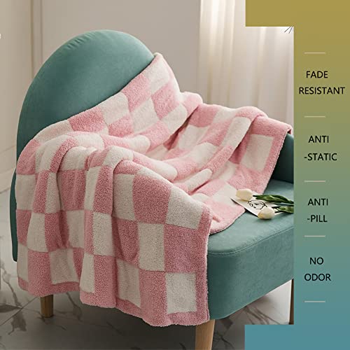 Throw Blankets Barefoot Checkerboard Gingham Warm Cozy Microfiber Reversible for Home Decor Bed Couch-Machine Washable (Light Pink,51"x63")