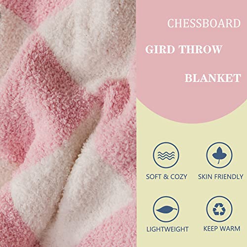 Throw Blankets Barefoot Checkerboard Gingham Warm Cozy Microfiber Reversible for Home Decor Bed Couch-Machine Washable (Light Pink,51"x63")