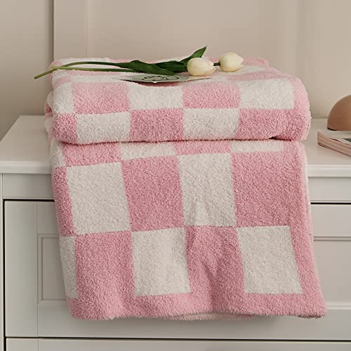 Throw Blankets Barefoot Checkerboard Gingham Warm Cozy Microfiber Reversible for Home Decor Bed Couch-Machine Washable (Light Pink,51"x63")