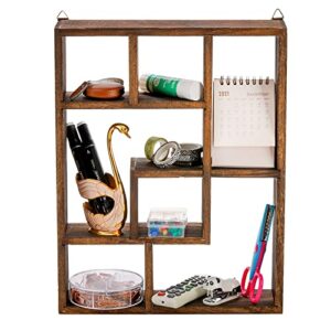 WUWEOT Wood Shadow Box, 15" x 12" Cubes Display Shelf, Freestanding & Wall Mountable Floating Shelves, 7-Compartment Knickknack Display Organizer