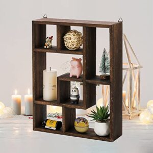 WUWEOT Wood Shadow Box, 15" x 12" Cubes Display Shelf, Freestanding & Wall Mountable Floating Shelves, 7-Compartment Knickknack Display Organizer