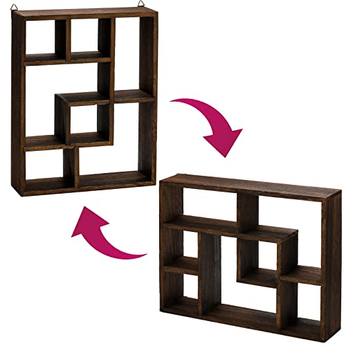 WUWEOT Wood Shadow Box, 15" x 12" Cubes Display Shelf, Freestanding & Wall Mountable Floating Shelves, 7-Compartment Knickknack Display Organizer