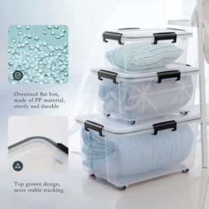 LQDSJTU Plastic Storage Bins Tote Organizing Container with Durable Lid and Seal and Secure Latching Buckles and Wheels，Clear,3 Pack（Three sizes：L-32qt M-19qt S-12qt）