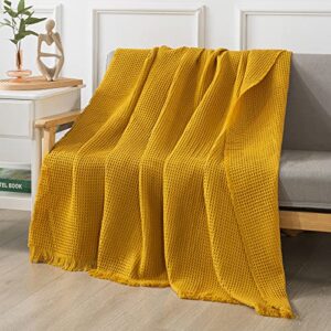 r.share soft knit waffle throw blanket for couch bed with tassel, thin knitted lightweight cozy woven for sofa travel, cute women men, big twin size, 60×80 inches, mustard yellow