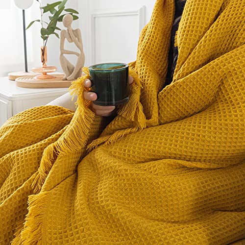R.SHARE Soft Knit Waffle Throw Blanket for Couch Bed with Tassel, Thin Knitted Lightweight Cozy Woven for Sofa Travel, Cute Women Men, Big Twin Size, 60x80 inches, Mustard Yellow