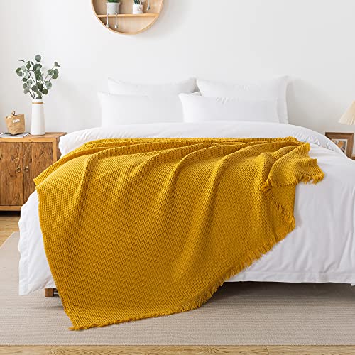 R.SHARE Soft Knit Waffle Throw Blanket for Couch Bed with Tassel, Thin Knitted Lightweight Cozy Woven for Sofa Travel, Cute Women Men, Big Twin Size, 60x80 inches, Mustard Yellow