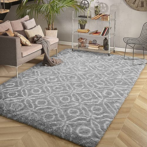 Guucha Super Soft Fluffy Area Rug, 4x6 Feet Shaggy Area Rugs, Modern Indoor Plush Carpet for Living Room, Bedroom, Home Office, Round Grey