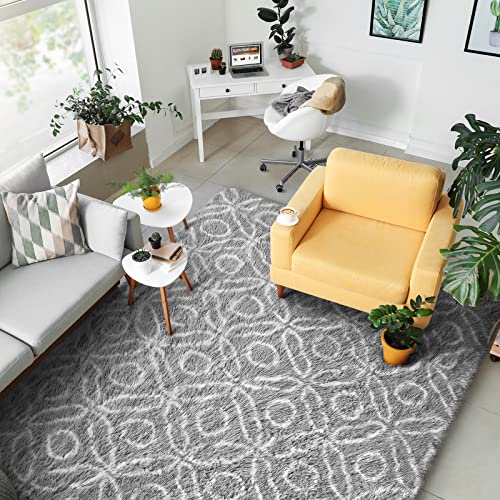 Guucha Super Soft Fluffy Area Rug, 4x6 Feet Shaggy Area Rugs, Modern Indoor Plush Carpet for Living Room, Bedroom, Home Office, Round Grey