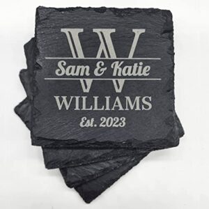custom engraved slate coasters, 4″ square (set of 4 or set of 6) – great for personalized gifts, weddings, couples, anniversaries, special occasions