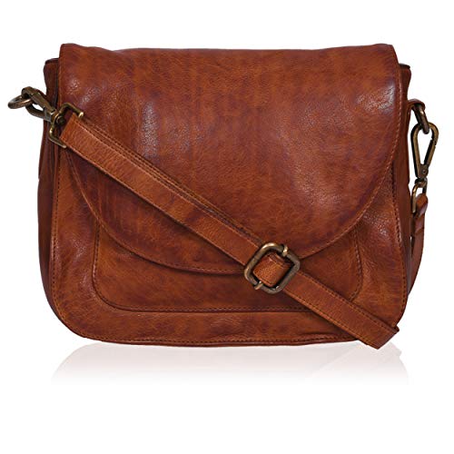 Vintage Look Genuine Leather Shoulder Crossbody Purse Crossover Bag for Women (Tan Wash)