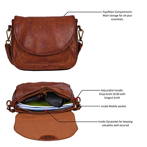 Vintage Look Genuine Leather Shoulder Crossbody Purse Crossover Bag for Women (Tan Wash)