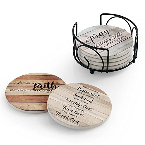 Hoomey Coasters for Drinks with Bible Verses, Set of 6 Absorbent Drinks Coasters with Holder Ceramic Drink Coaster with Cork Backing for Table Protection, Christian Coasters, Christian Gifts