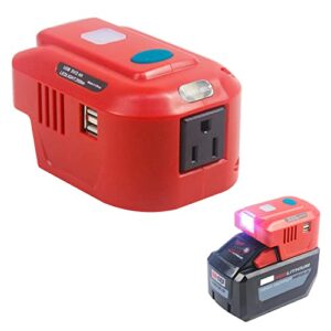 fiihio 150w portable power inverter compatible with milwaukee 18v lithium battery,with ac outlet dual usb and 200lm led 18v dc to 120v ac for tool room,garage,camping etc(batteries not included)