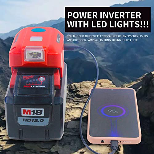 Fiihio 150W Portable Power Inverter Compatible with Milwaukee 18V Lithium Battery,with AC Outlet Dual USB and 200LM LED 18V DC to 120V AC for Tool Room,Garage,Camping etc(Batteries not Included)