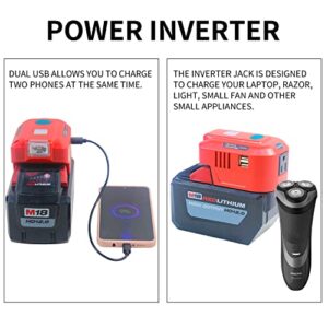 Fiihio 150W Portable Power Inverter Compatible with Milwaukee 18V Lithium Battery,with AC Outlet Dual USB and 200LM LED 18V DC to 120V AC for Tool Room,Garage,Camping etc(Batteries not Included)