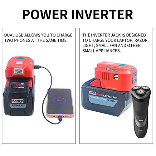 Fiihio 150W Portable Power Inverter Compatible with Milwaukee 18V Lithium Battery,with AC Outlet Dual USB and 200LM LED 18V DC to 120V AC for Tool Room,Garage,Camping etc(Batteries not Included)