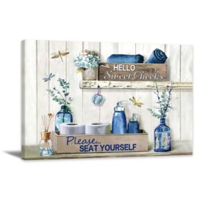 farmhouse bathroom decor wall art hello sweet cheeks artwork print rustic bathroom sign print paintings blue dragonfly bathroom pictures teal vase wall art poster for home decor 24×16 inch unframed