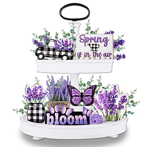 Uruney Spring Tiered Tray Decor, 6PCs Lavender Spring Decor Lavender Flower Bloom Butterfly Truck Buffalo Plaid Wooden Table Signs, Rustic Farmhouse Spring Decorations for Home Kitchen Spring Holiday