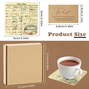Vintage Library Due Date Card Coaster Set, 4pcs Library Card Coasters with Gift Card, Creative Drink Coffee Mug Coaster Literary Decor Library Gifts for Book Lovers Librarians Writers