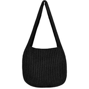 hobo knit crochet tote bag for women handmade woven aesthetic women’s cute casual high capacity shoulder handbags for shopping travelling beach (black)