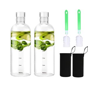 clear glass water bottles with time marker non-slip sleeve and lids, reusable glass drinking bottles, drink water bottle 17 oz，suitable for drinks, juices, sodas, coke, as gifts (750ml2pcs)