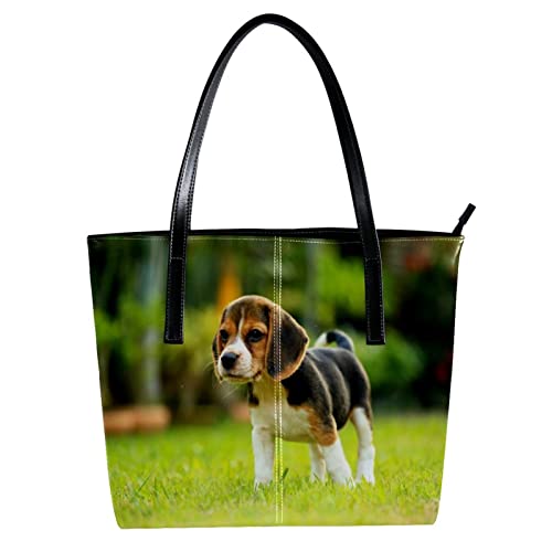 RODAILYCAY Leather Handbag for Women Large Capacity Top Handle Satchel Bucket Purses Shoulder Bag Little Beagle Dog Running Garden Happy