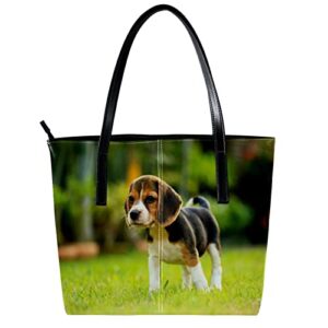 RODAILYCAY Leather Handbag for Women Large Capacity Top Handle Satchel Bucket Purses Shoulder Bag Little Beagle Dog Running Garden Happy