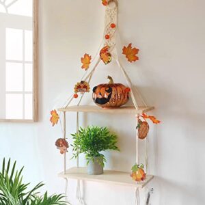 macrame wall hanging shelf with fall maple leaf garland light, autumn wood boho shelf, handmade rope shelf, fall wall decor, halloween and thanksgiving decorations for home, living room, bedroom