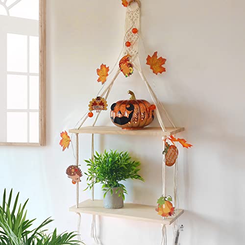 Macrame Wall Hanging Shelf with Fall Maple Leaf Garland Light, Autumn Wood Boho Shelf, Handmade Rope Shelf, Fall Wall Decor, Halloween and Thanksgiving Decorations for Home, Living Room, Bedroom