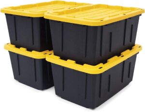 black & yellow 27-gallon tough storage containers with secure snap lid, stackable, extremely durable, nestable, 4 pack