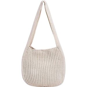 hobo knit crochet tote bag for women handmade woven aesthetic women’s cute casual high capacity shoulder handbags for shopping travelling beach (white)