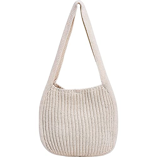 Hobo Knit Crochet Tote Bag for Women Handmade Woven Aesthetic Women's Cute Casual High Capacity Shoulder Handbags for Shopping Travelling Beach (White)