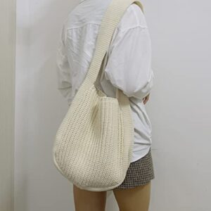 Hobo Knit Crochet Tote Bag for Women Handmade Woven Aesthetic Women's Cute Casual High Capacity Shoulder Handbags for Shopping Travelling Beach (White)