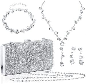 4 pieces women rhinestone evening clutch bag rhinestone ear clip bridal wedding choker bracelet dangle prom jewelry set for women silver evening bag bling glitter purse for girls party (elegant style)