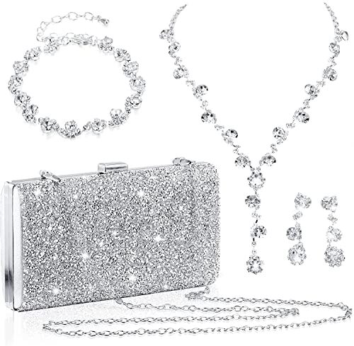 4 Pieces Women Rhinestone Evening Clutch Bag Rhinestone Ear Clip Bridal Wedding Choker Bracelet Dangle Prom Jewelry Set for Women Silver Evening Bag Bling Glitter Purse for Girls Party (Elegant Style)