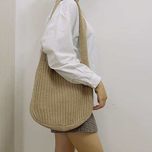 Fairy Grunge Crochet Tote Bag Knitted Hobo Bag Aesthetic Shoulder Bag Trendy Purse Fairycore Accessories for women (Khaki)