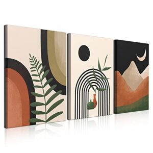 gisipameis framed boho wall art set of 3, mid century modern decor, minimalist black beige botanical boho bathroom decor wall art 12″ x 16″ canvas prints ready to hang for bedroom living room