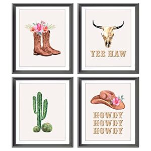 yee haw howdy cowgirl floral boots hat bull skull cactus preppy poster prints for girls room dorm decor,watercolor retro preppy decorations prints wall art unframed 4pcs 8x10inches, cowgirl gifts