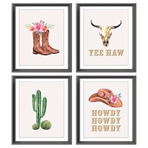 Yee Haw Howdy Cowgirl Floral Boots Hat Bull Skull Cactus Preppy Poster Prints for Girls Room Dorm Decor,Watercolor Retro Preppy Decorations Prints Wall Art Unframed 4pcs 8x10inches, Cowgirl Gifts