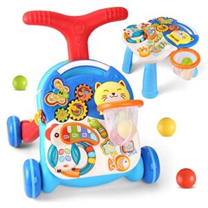 eners sit to stand baby learning walker with wheels, baby activity walker, 2 in 1 baby push walkers and activity center, musical walking toys, walker for baby boy girl (blue)