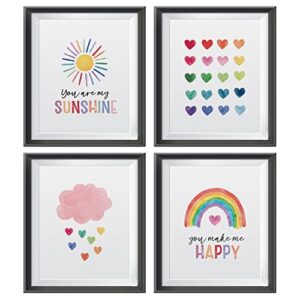 inspirational quote you are my sunshine poster prints for home girls room kids room nursery classroom decor,boho sun rainbow cloud hearts pattern decorations prints wall art unframed 4pcs 8x10inches